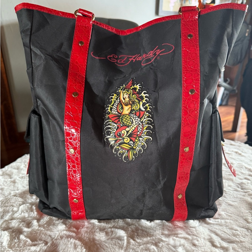 Ed Hardy Black and Red Tote with Ornate Emblem